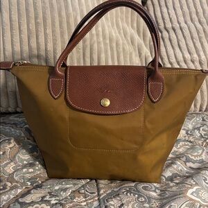 Classic Top-Handle Tote Bag in Olive with Brown Trim